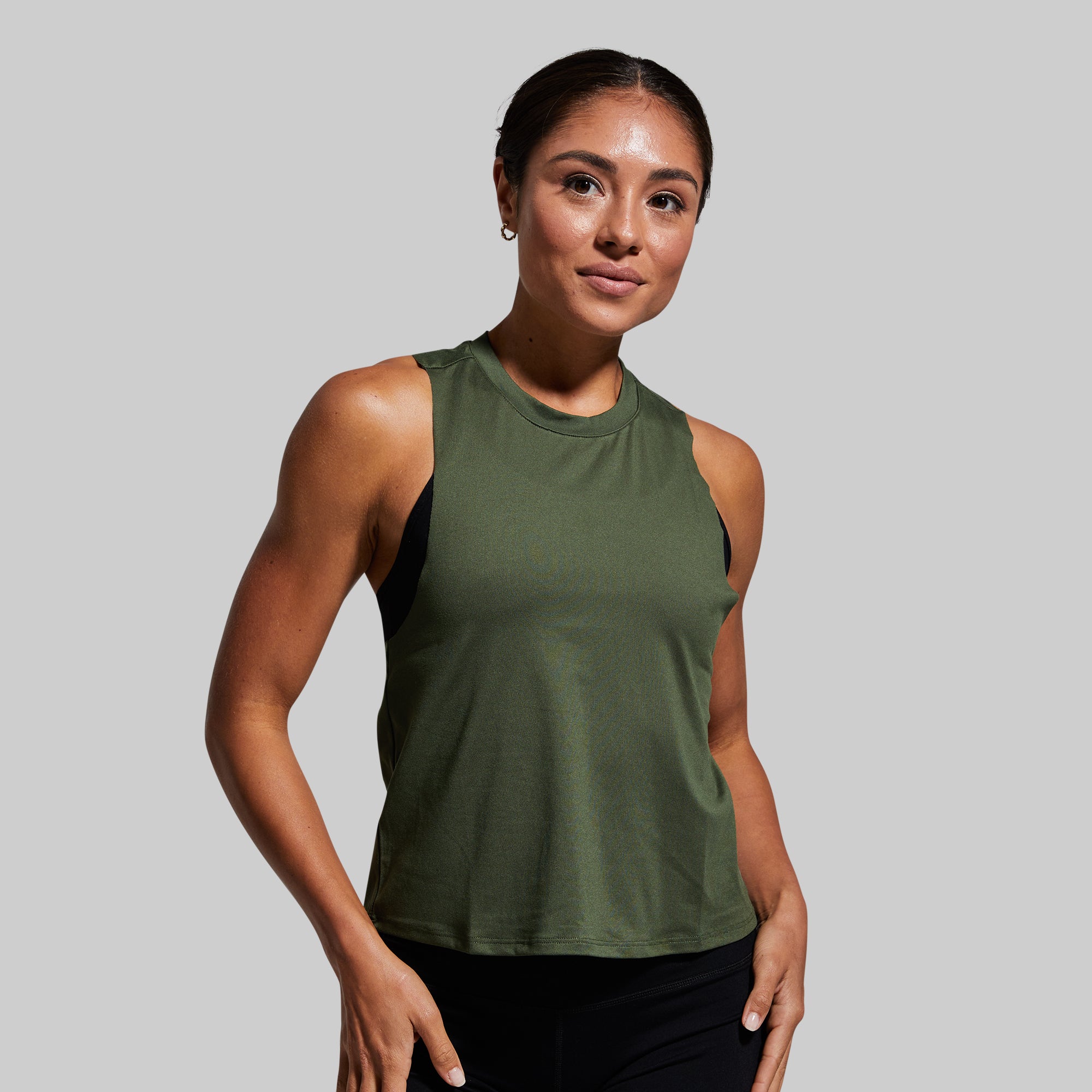 Womens Ribbed High Neck Crop Tank Top M/L Green Racerback Padded
