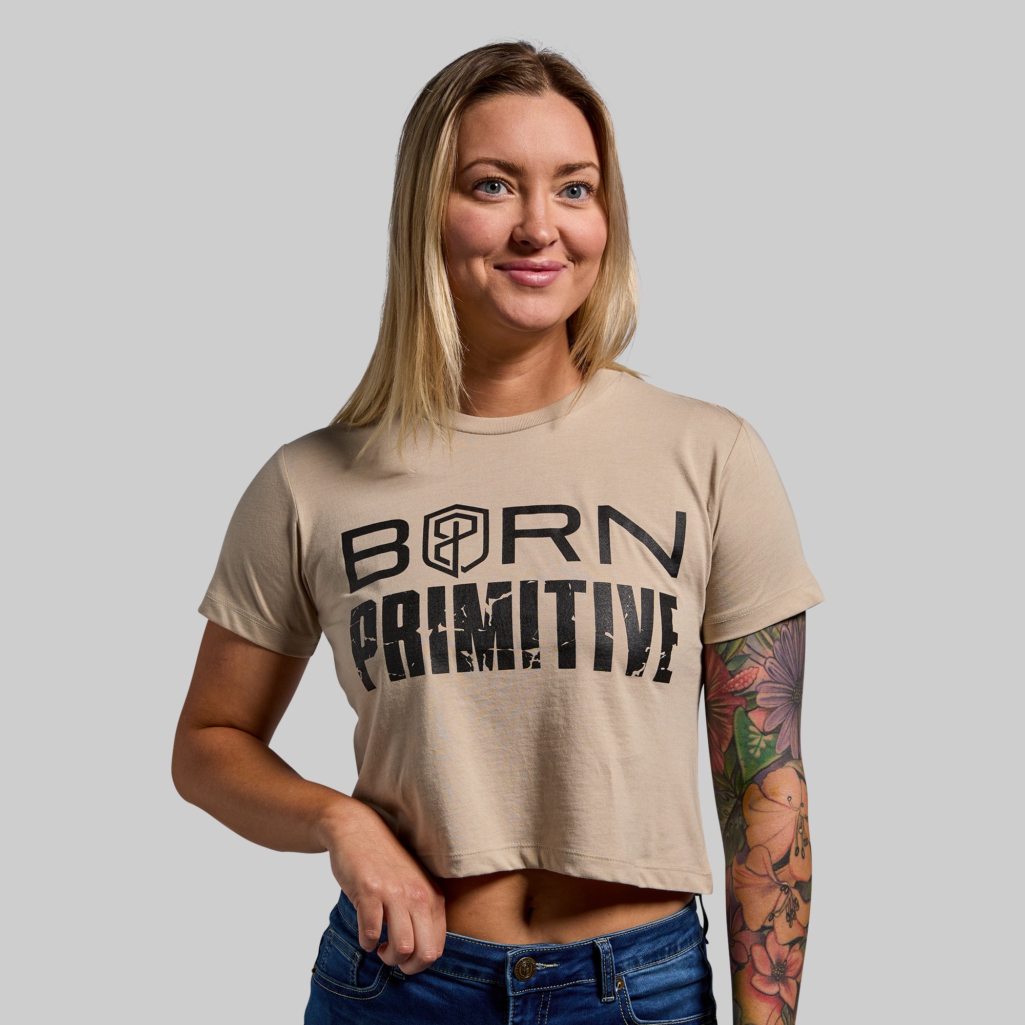 Brand Crop Tee (Tan) – Born Primitive
