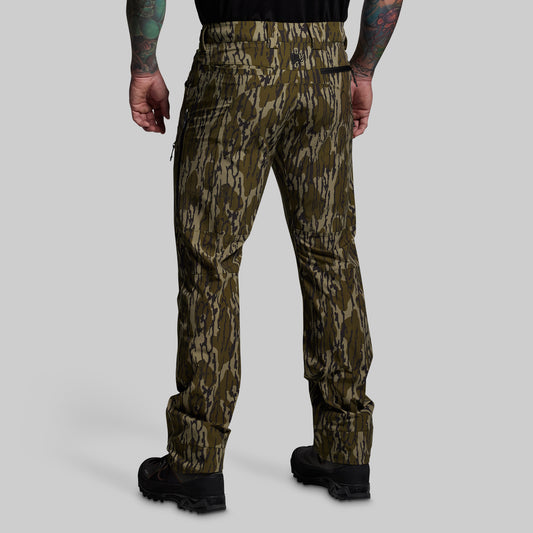 Camouflage pants worn by a person on a gray background