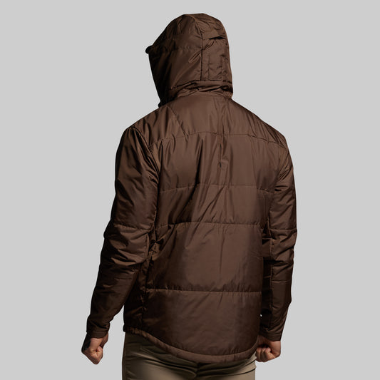 Brown puffer jacket on a plain background
