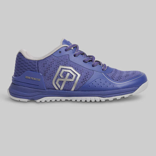 Blue athletic shoe with a white logo on a gray background