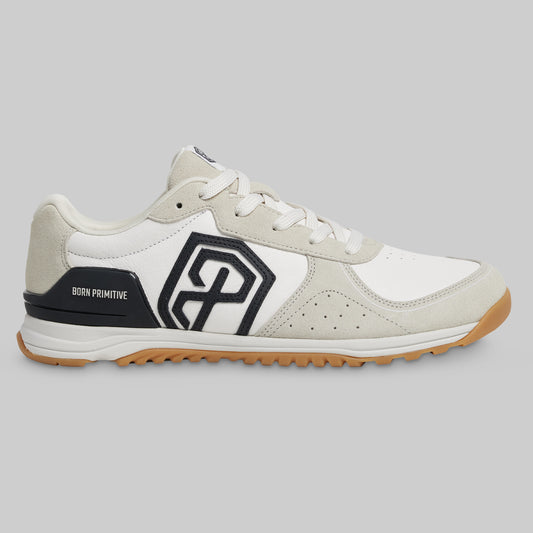 White and gray sneaker with a black logo on a gray background