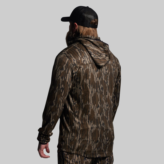 Person wearing a camouflage hoodie and cap on a gray background