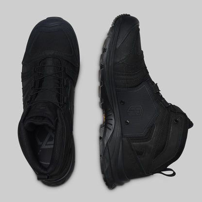 Pair of black boots on a light gray background