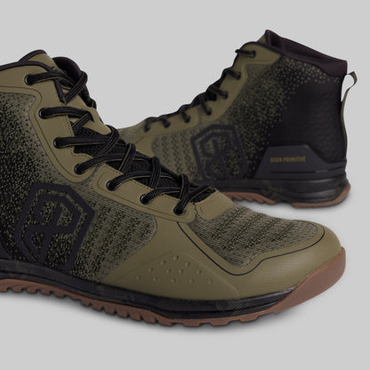 Olive green and black high-top sneakers with brand logo on a light gray background