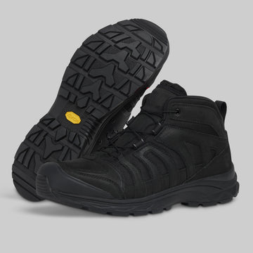 Men's Patriot 1 Mid-Assault Boot TAA (Black): side and lugged outsole views.