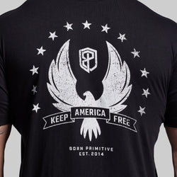 Black t-shirt with white graphic design featuring an eagle and stars on a gray background