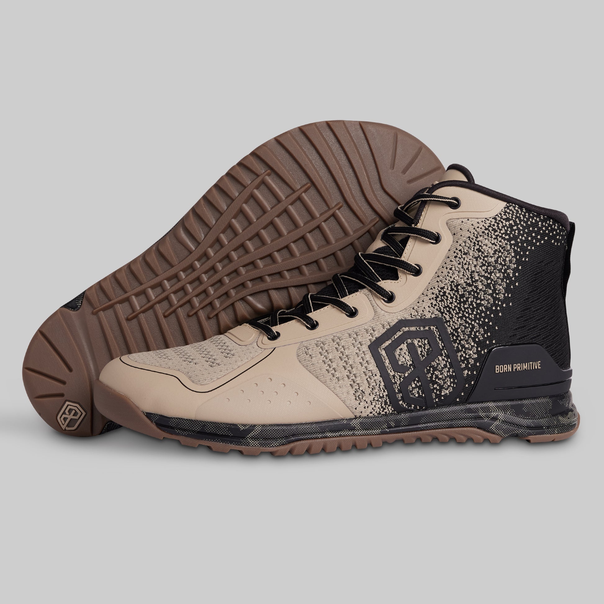 Pair of high-top sneakers with a brand logo on a gray background