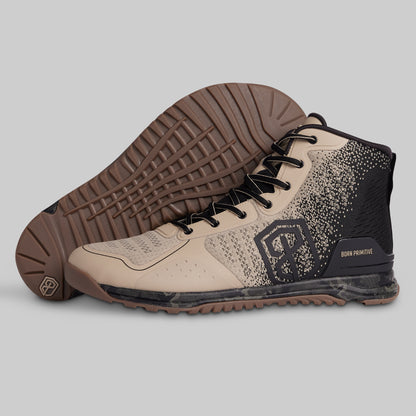 Pair of high-top sneakers with a brand logo on a gray background