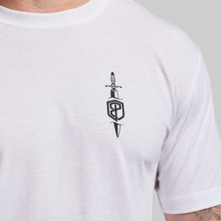 White t-shirt with a black dagger and shield logo on a plain background