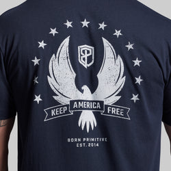 Navy blue t-shirt with white eagle graphic and text 'Keep America Free' on a gray background