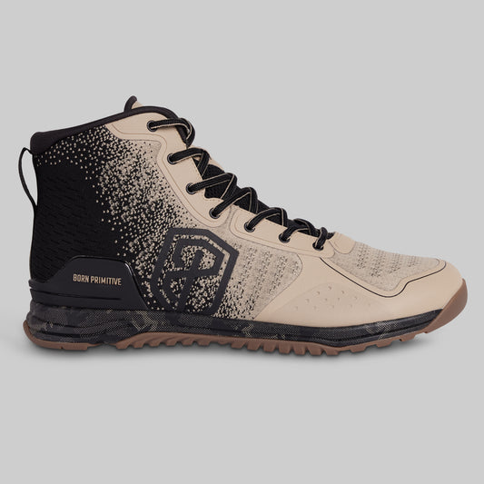 Beige and black high-top sneaker on a gray background