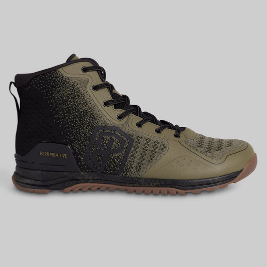 Olive green and black high-top sneaker on a gray background