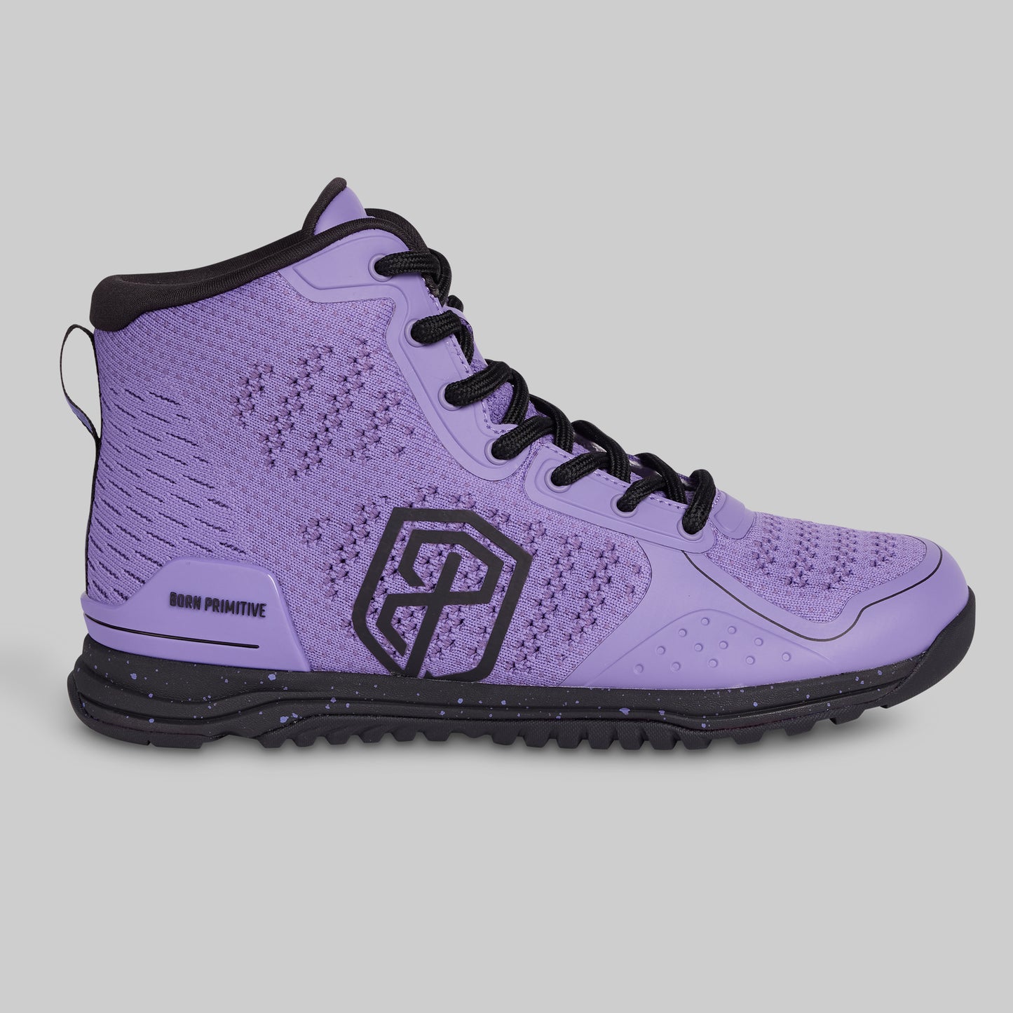 Purple high-top sneaker with black laces and sole on a gray background