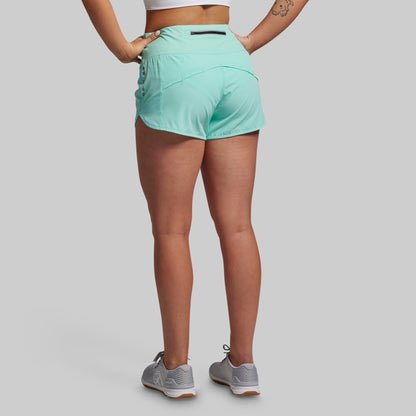 Person wearing light blue athletic shorts on a plain background