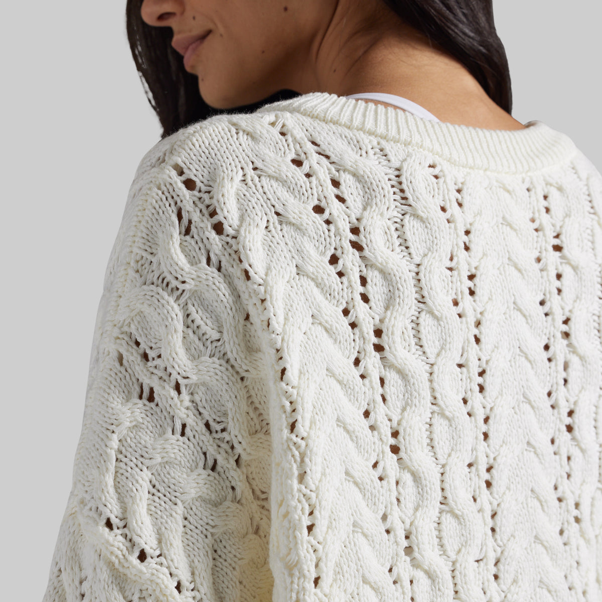Close-up of a woman wearing a chunky cream cable-knit sweater, showing the detailed knit texture and openwork pattern from the back.