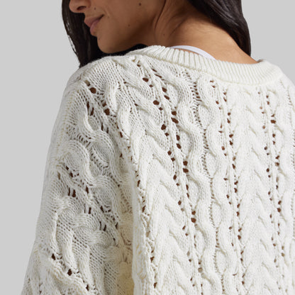 Close-up of a woman wearing a chunky cream cable-knit sweater, showing the detailed knit texture and openwork pattern from the back.