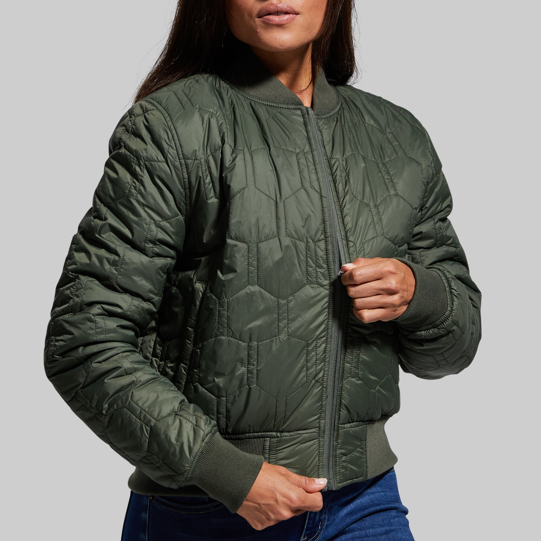 Women's Dark Green Quilted Bomber Jacket | Born Primitive