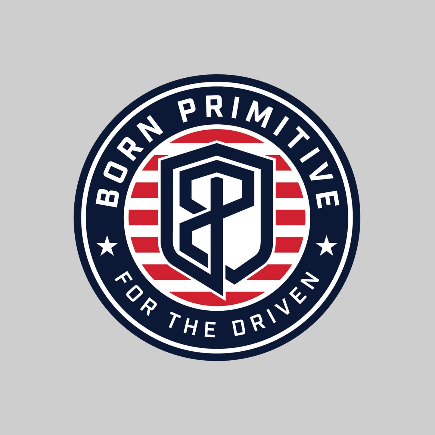 Logo with 'Born Primitive' text and shield design on a gray background