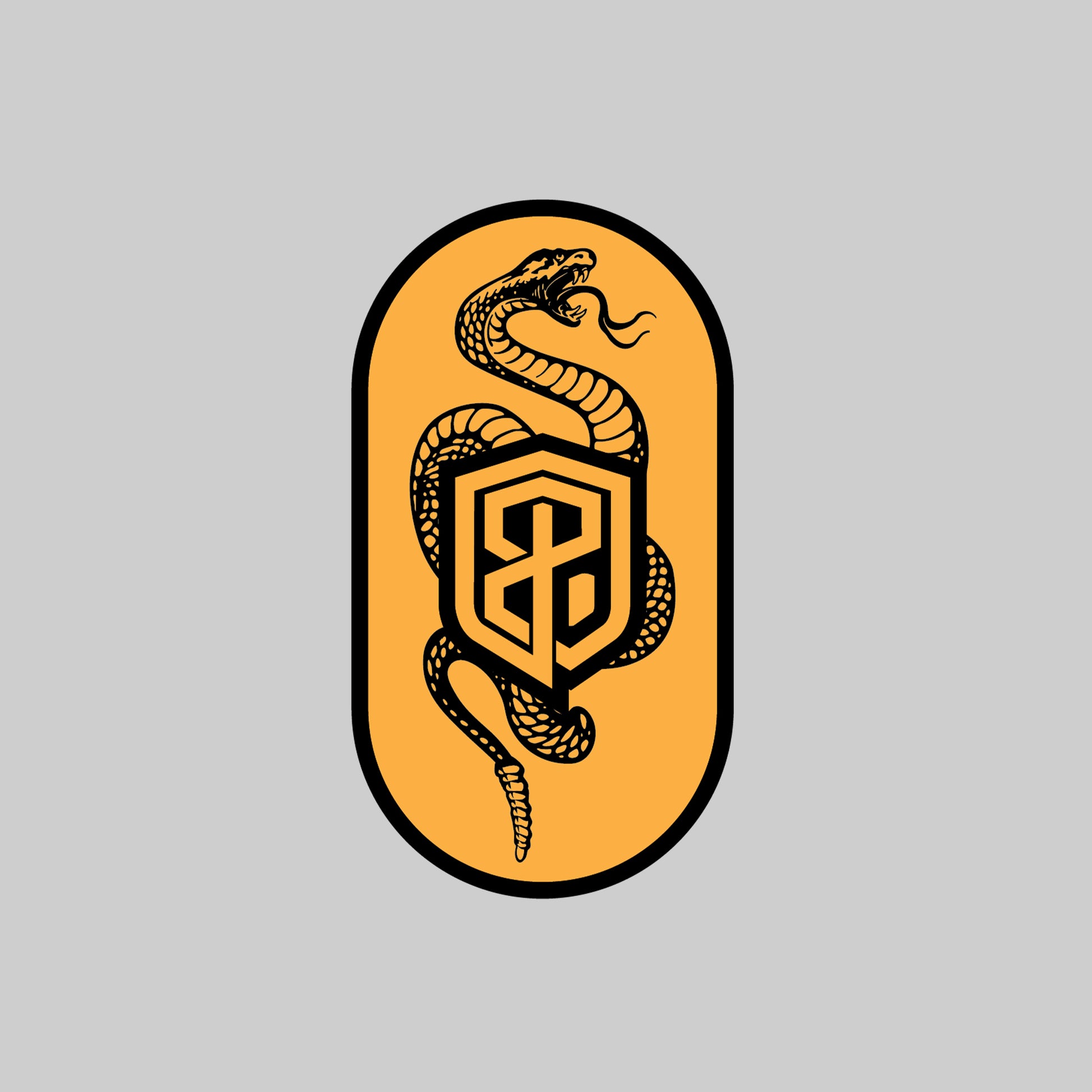 Logo with a snake design on a yellow background