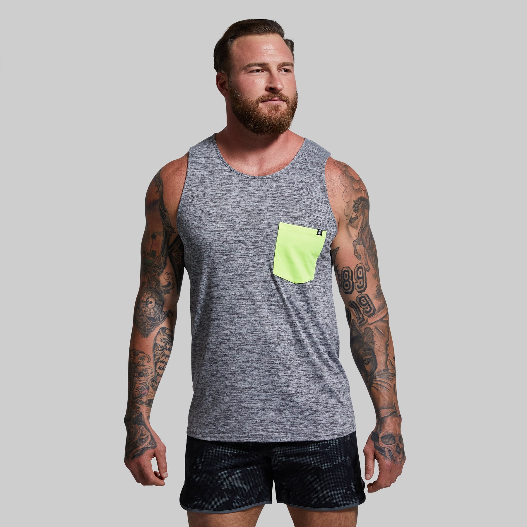 Men's Heather Grey Tank Top with Neon Green Pocket – Born Primitive
