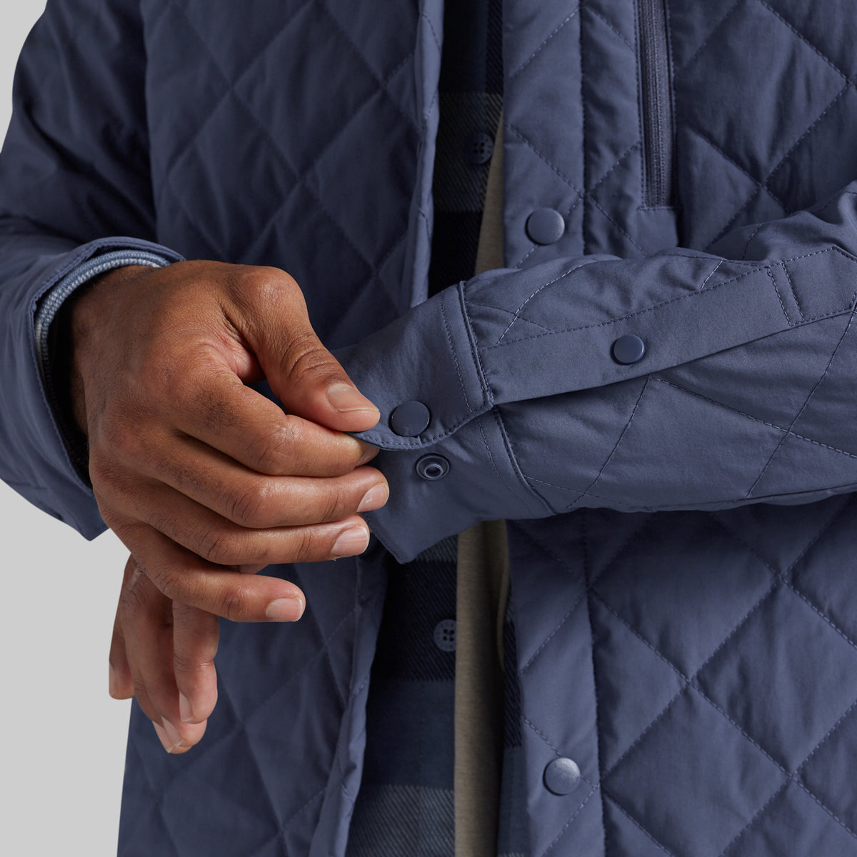 Close-up of a person wearing a navy quilted jacket, adjusting the cuff with one hand while another hand rests near the sleeve buttons.