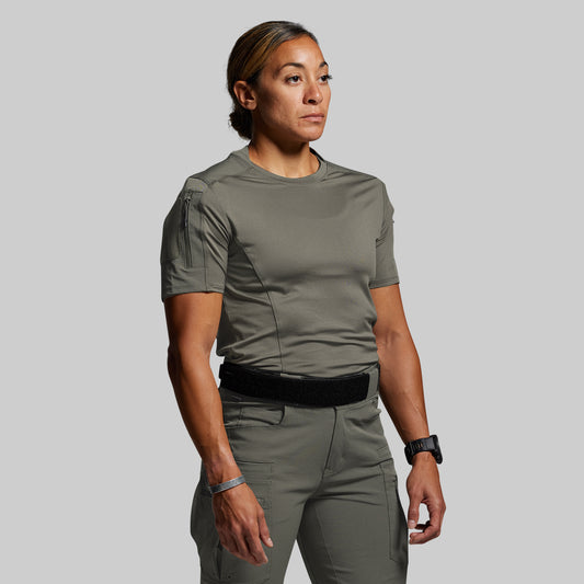 Person wearing a green tactical outfit on a gray background