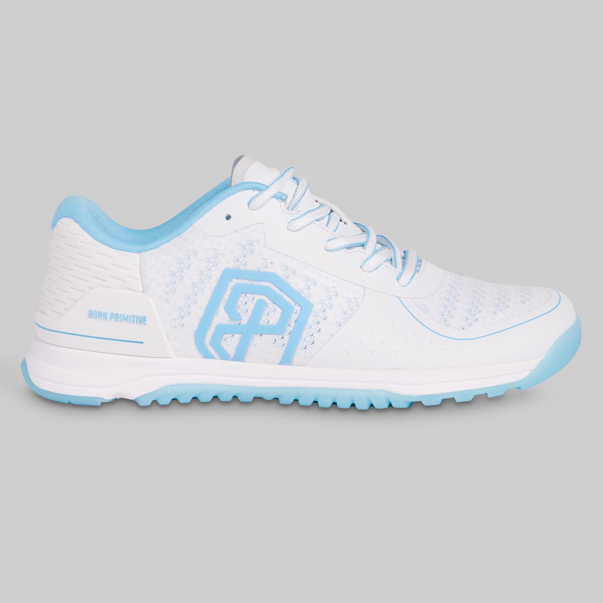 White athletic shoe with blue accents on a gray background
