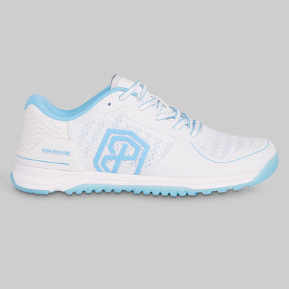 White athletic shoe with blue accents on a gray background