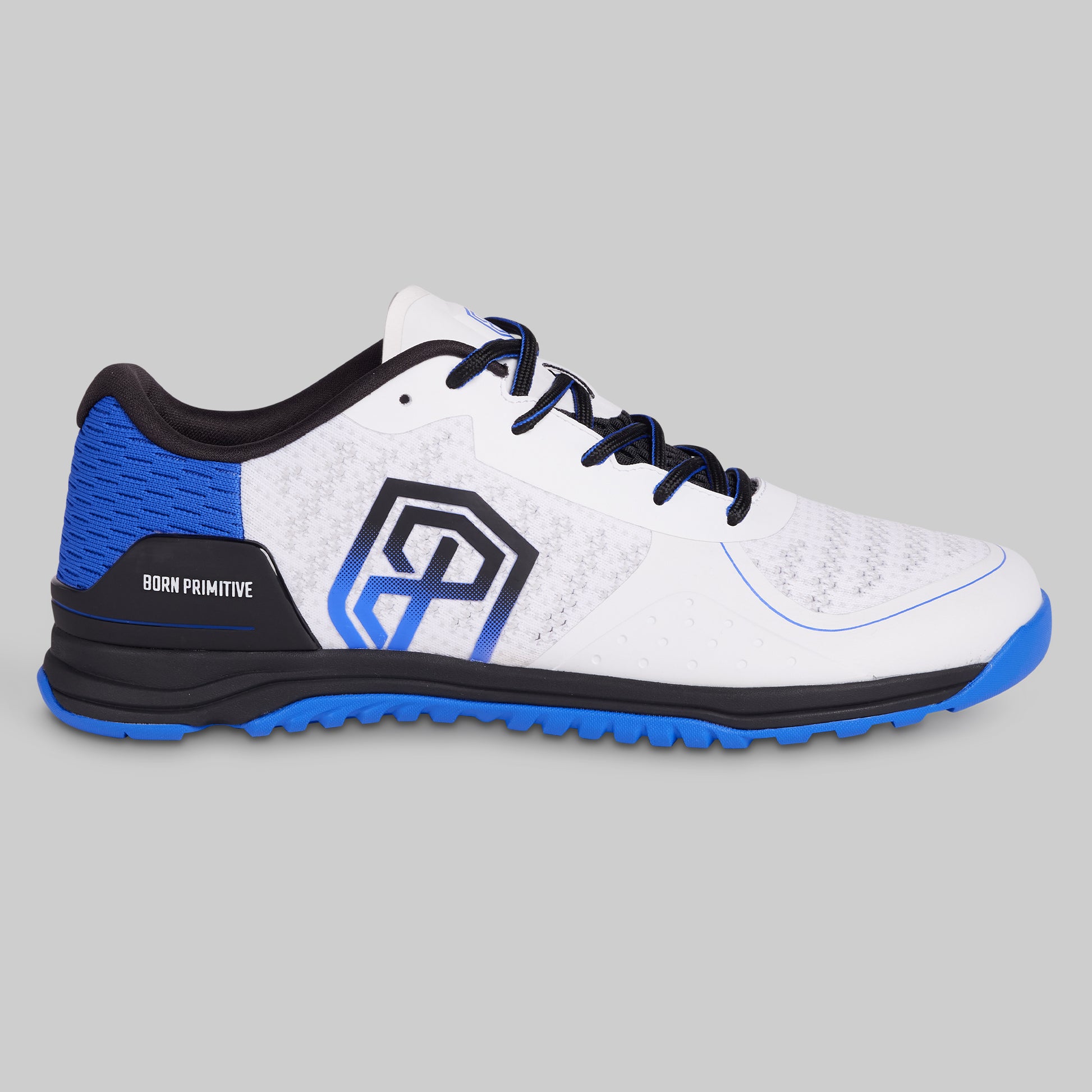White and blue athletic shoe with black accents on a gray background