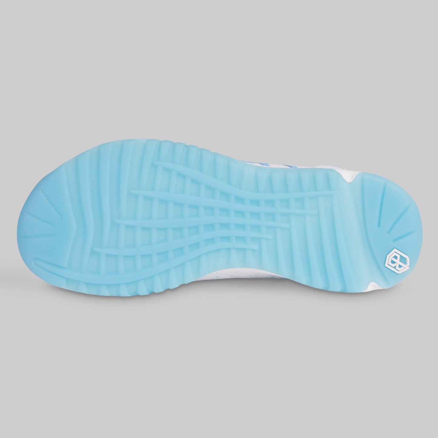 Blue sole of a shoe on a gray background