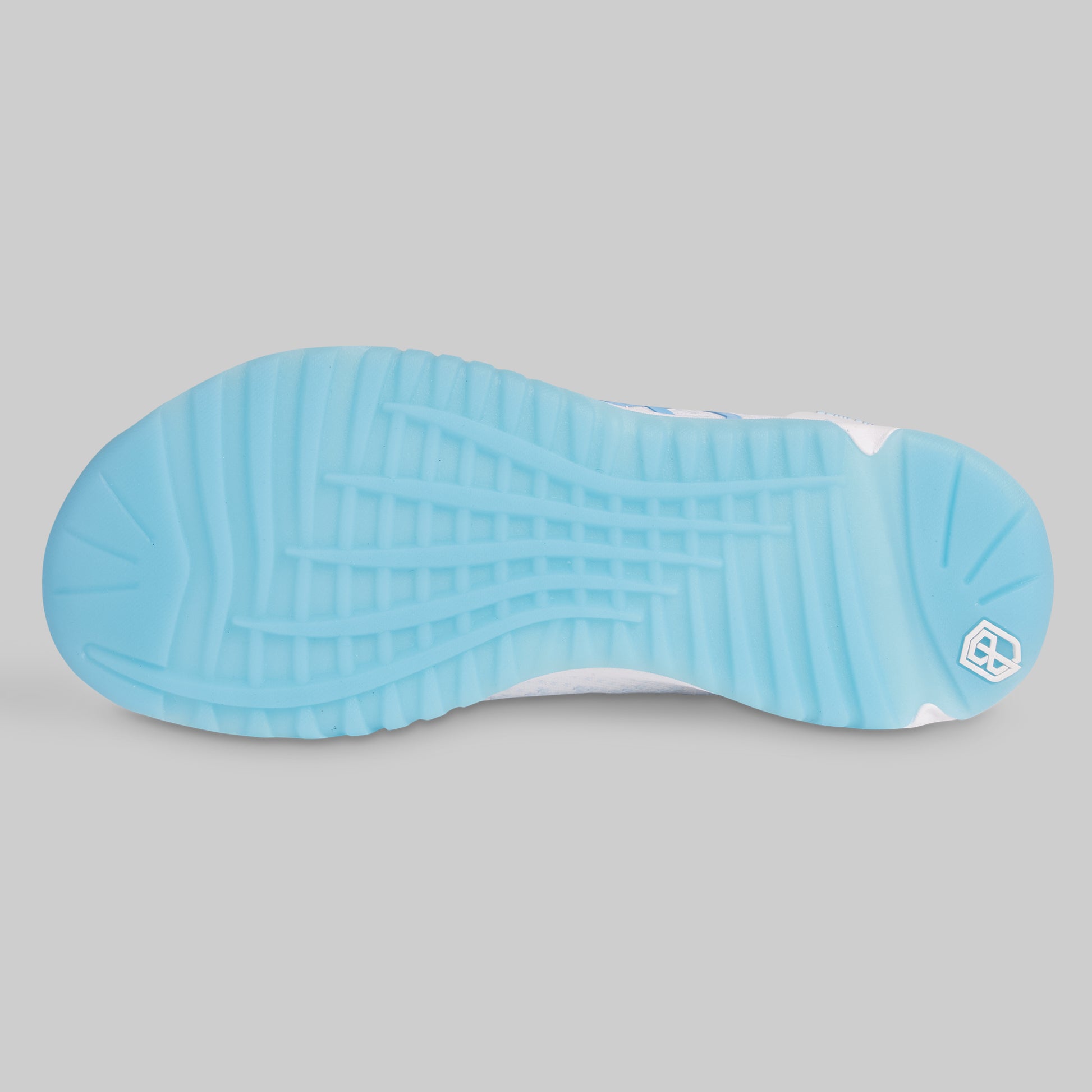 Blue sole of a shoe on a gray background