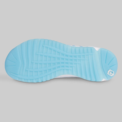 Blue sole of a shoe on a gray background