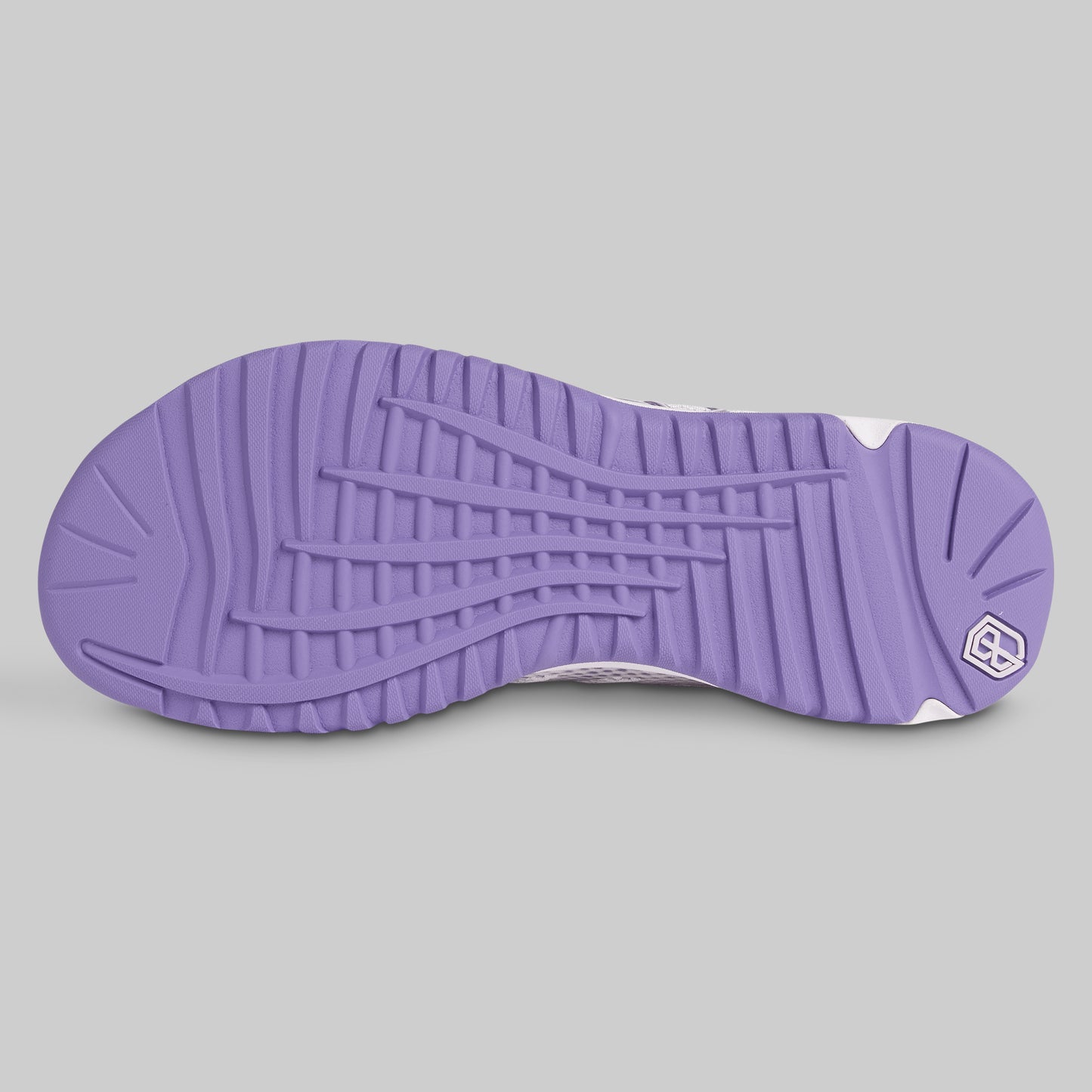 Purple sneaker sole with brand logo on a gray background