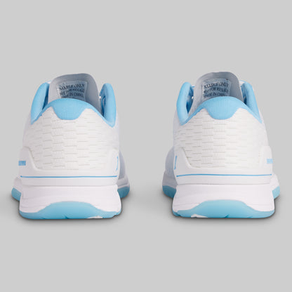 White and light blue sneakers on a gray background