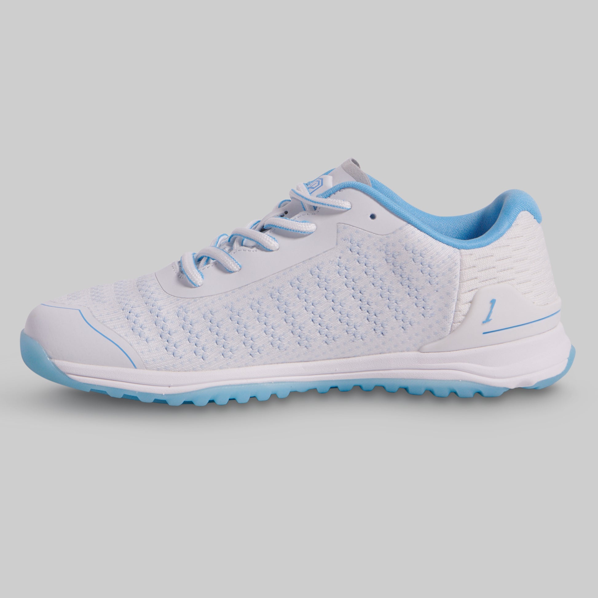 White and blue sneaker on a gray background