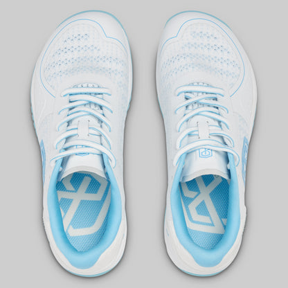 Pair of white and light blue athletic shoes on a gray background