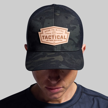 Tactical Light Leather Patch Trucker Hat (Black Multicam)