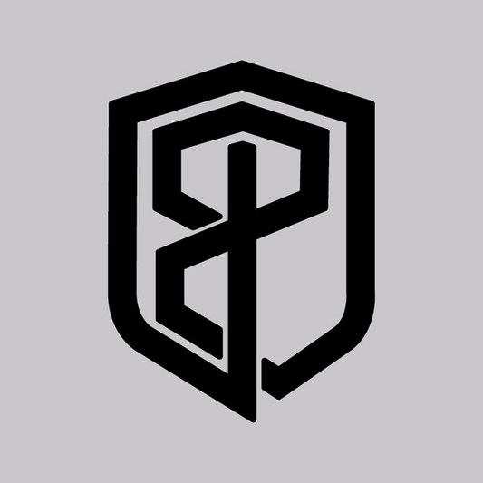 Black geometric logo on a gray background