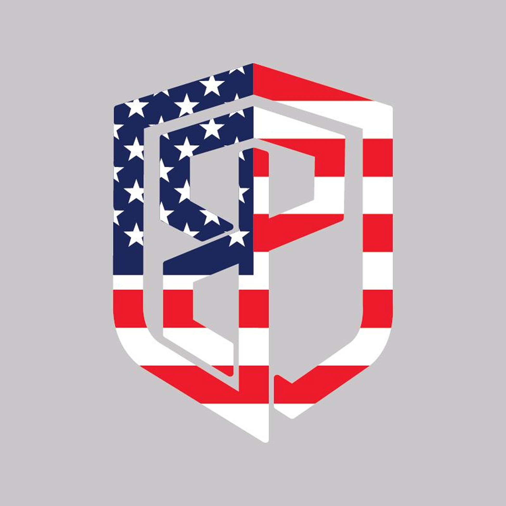 Logo with American flag design on a gray background