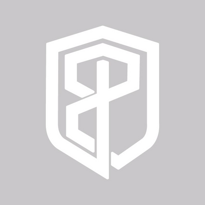White geometric logo on a gray background