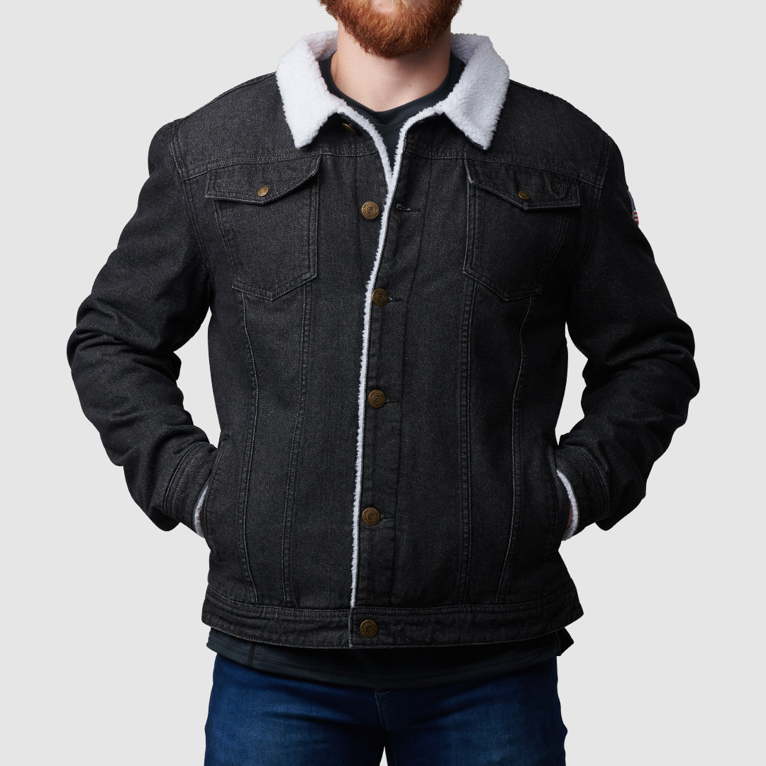 Mens black denim jacket with fur collar best sale