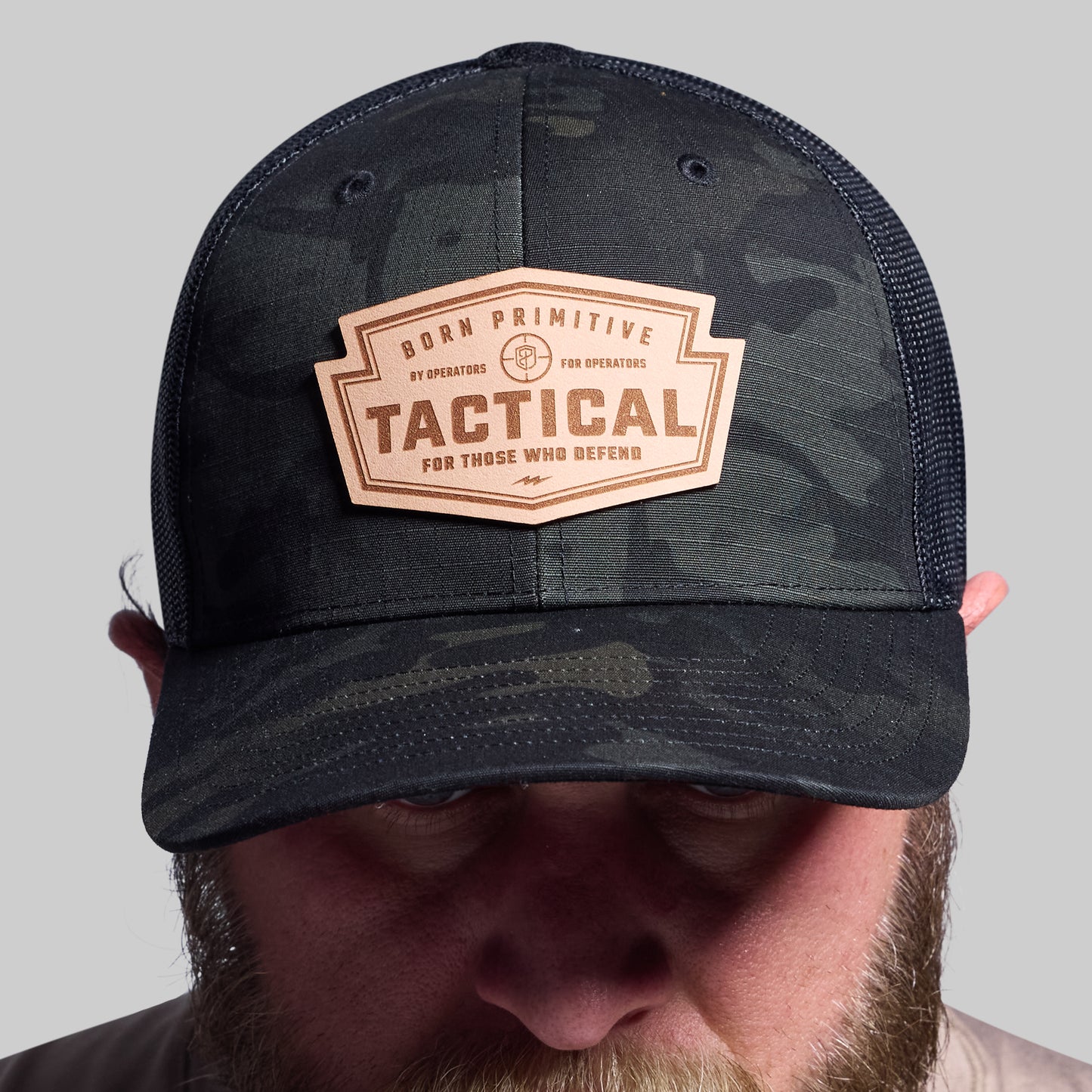 Tactical Light Leather Patch Trucker Hat (Black Multicam)