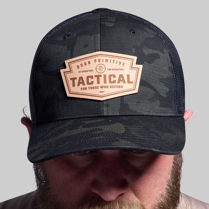 Tactical Light Leather Patch Trucker Hat (Black Multicam)