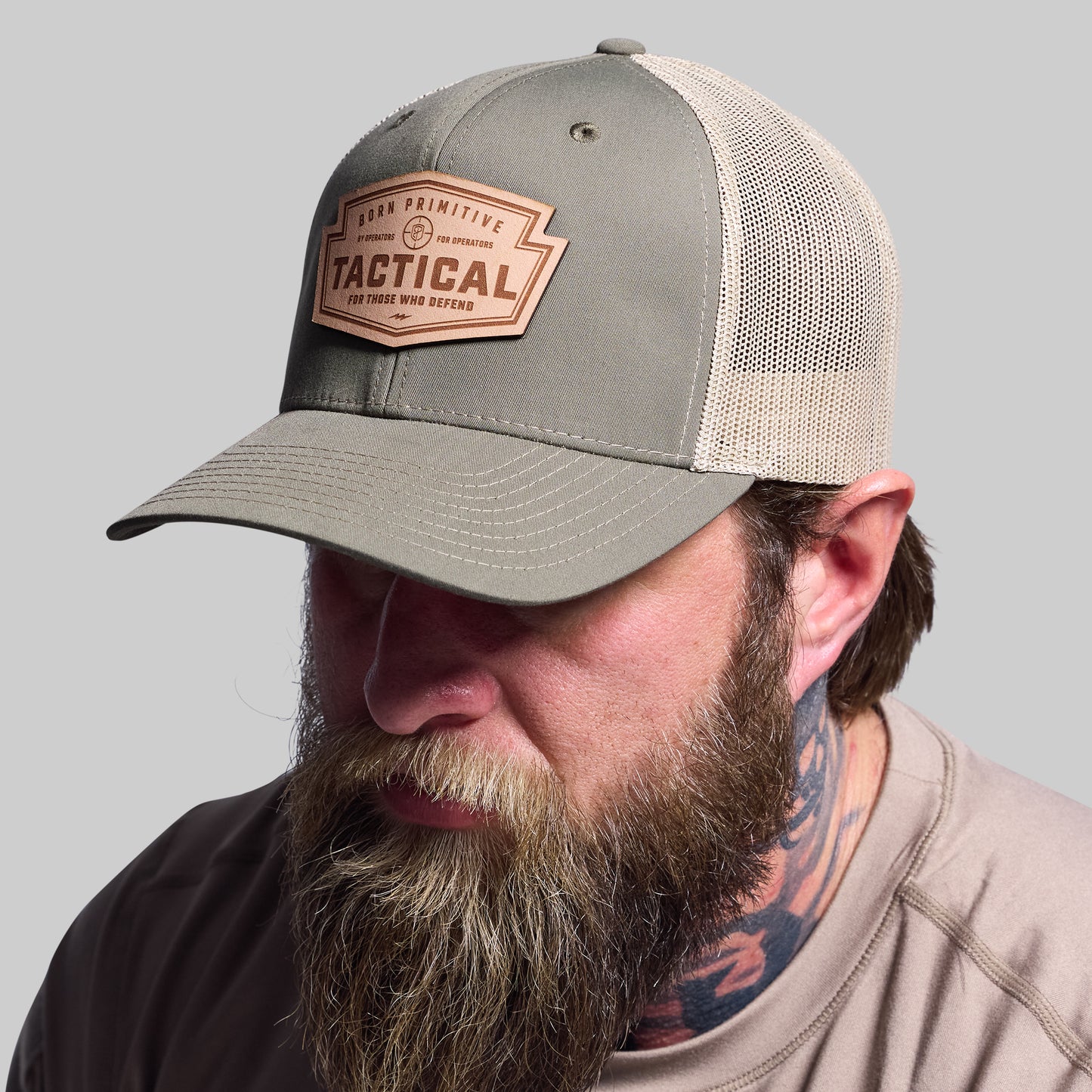 Tactical Light Leather Patch Trucker Hat (OD Green)