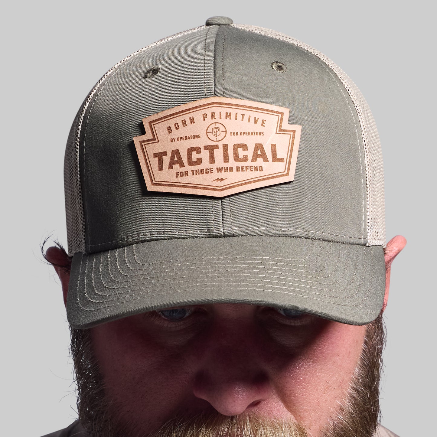 Tactical Light Leather Patch Trucker Hat (OD Green)