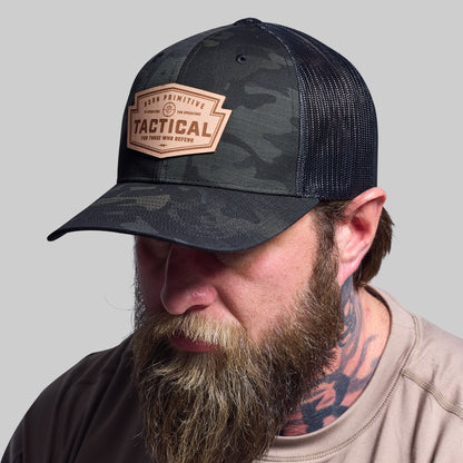 Tactical Light Leather Patch Trucker Hat (Black Multicam)