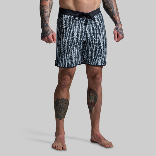 Person wearing black and white patterned shorts on a gray background