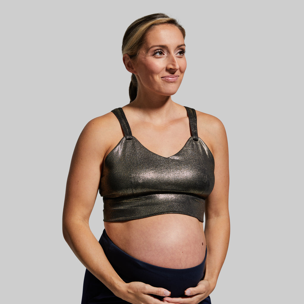 Black and Gold Metallic Sports Bra for Breastfeeding Moms – Born