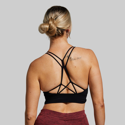 Person wearing a black strappy sports bra with a plain background